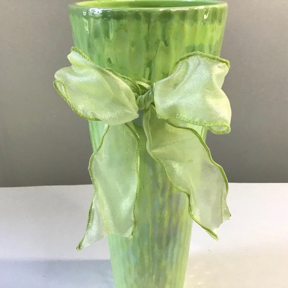 Vintage Green Iridescent Vase With Holes For Bow 10” Tall Textured Shiny Skinny - Picture 3 of 7